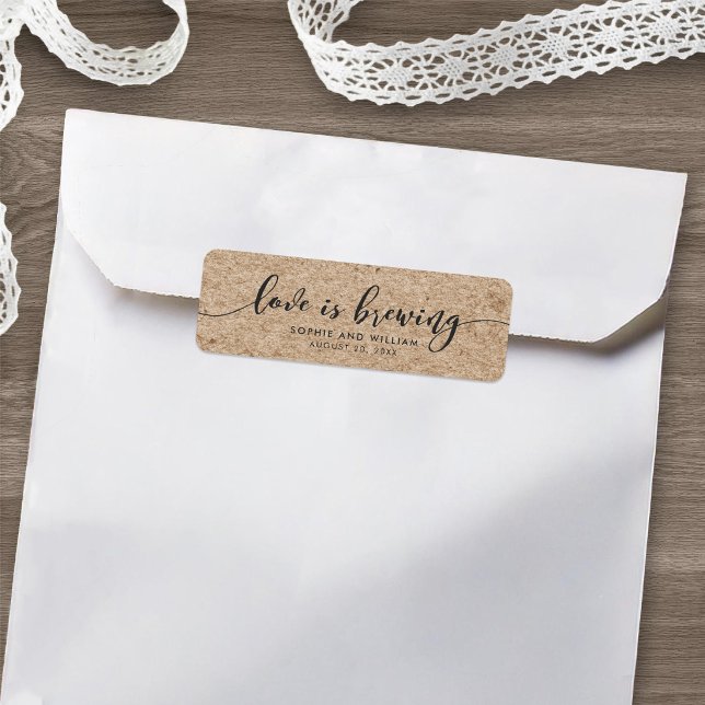 Rustic Faux Kraft Script Love is Brewing Wedding Label (Creator Uploaded)