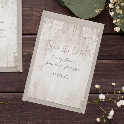 Rustic Faux Lace Barn Wood Wedding Save the Date Invitation