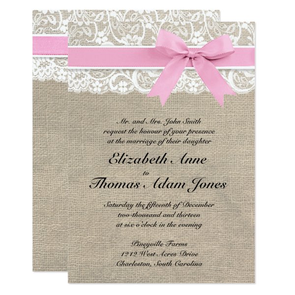 161862125168927210 Rustic Faux Lace Burlap Wedding Invitation Pink