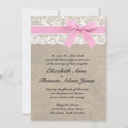 Rustic Faux Lace Burlap Wedding Invitation Pink