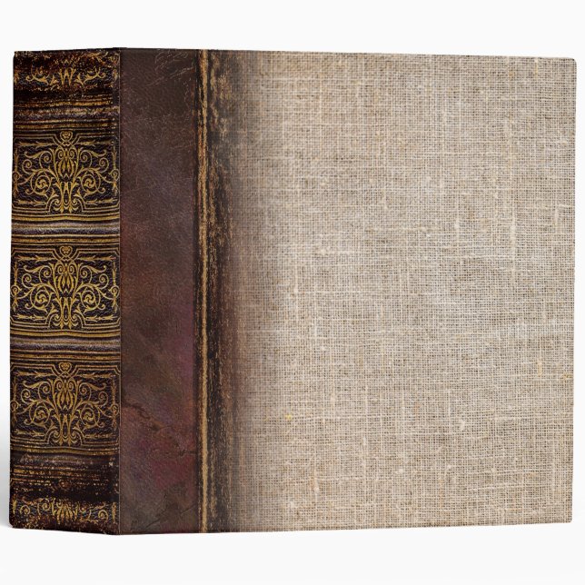 Rustic Faux Leather and Burlap Old Tome 3 Ring Binder (Front/Spine)