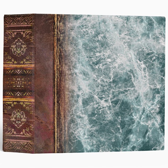 Rustic Faux Leather and Teal Marble Old Book 3 Ring Binder (Front/Spine)