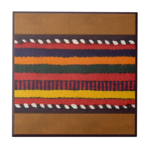 Rustic Faux Leather Bold Ethnic Stripes Western Ceramic Tile
