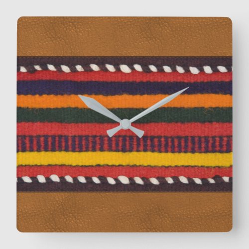 Rustic Faux Leather Bold Ethnic Stripes Western Square Wall Clock
