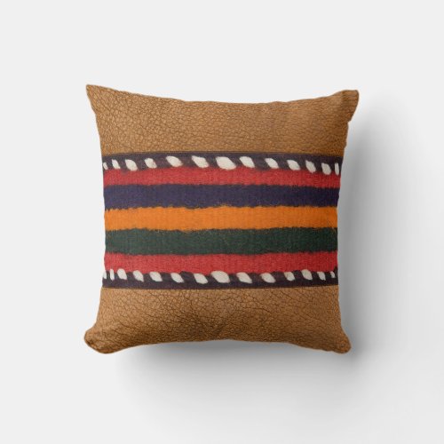Rustic Faux Leather Bold Ethnic Stripes Western Throw Pillow