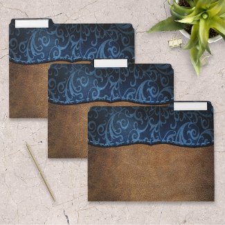 Rustic Faux Leather Brown Blue Swirl