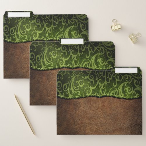 Rustic Faux Leather Brown Green Swirl File Folder