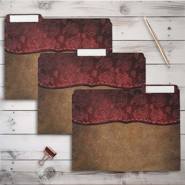Rustic Faux Leather Brown Red Rose File Folder (Creator Uploaded)