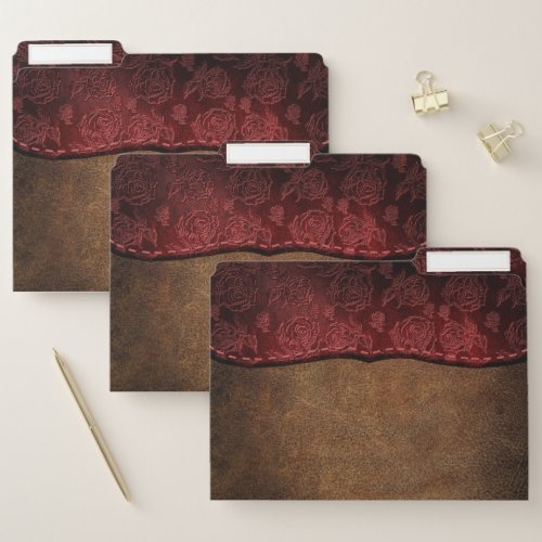 Rustic Faux Leather Brown Red Rose File Folder