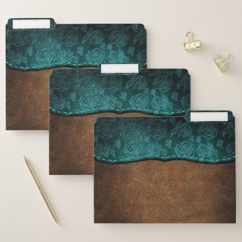 Rustic Faux Leather Brown Teal Rose File Folder
