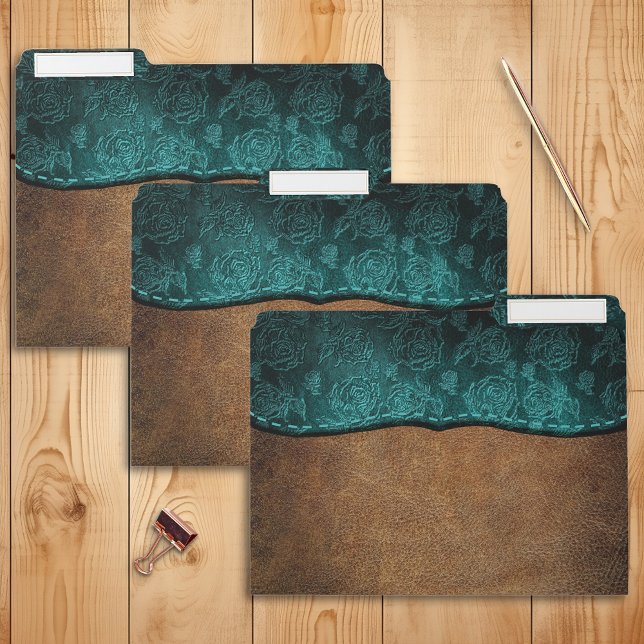 Rustic Faux Leather Brown Teal Rose File Folder (Creator Uploaded)