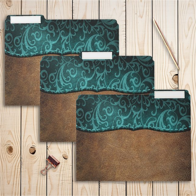 Rustic Faux Leather Brown Teal Swirl File Folder (Creator Uploaded)