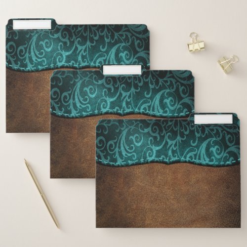 Rustic Faux Leather Brown Teal Swirl File Folder