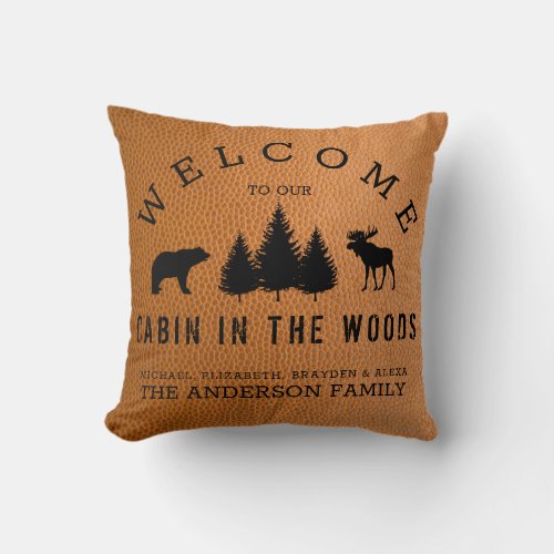 Rustic Faux Leather Country Welcome Family Name  Throw Pillow