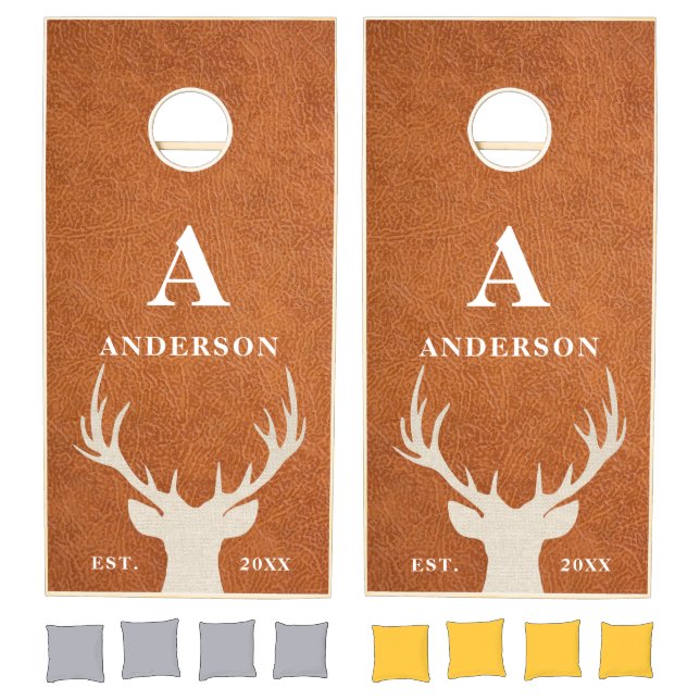 Rustic Faux Leather Deer Antlers Family Name Cornhole Set (Set)