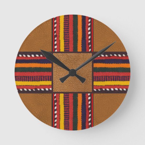 Rustic Faux Leather Ethnic Stripes Cross Western Round Clock