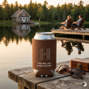 Rustic Faux Leather Monogram Personalized Lake Hou Can Cooler