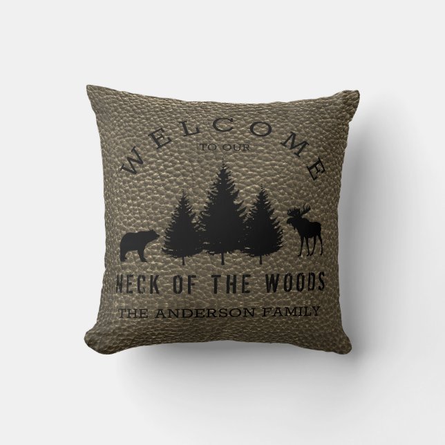 Rustic Faux Leather Welcome Cabin Woods Family  Th Throw Pillow (Front)