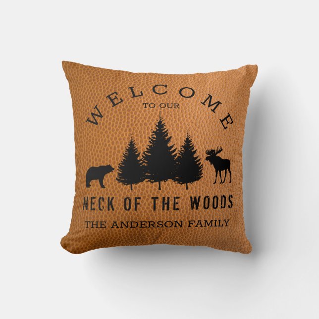 Rustic Faux Leather Welcome Cabin Woods  Throw Pillow (Front)
