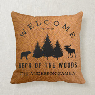 Rustic Faux Leather Welcome Cabin Woods Throw Pillow