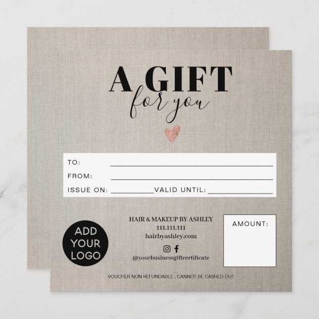 Rustic faux linen square gift certificate logo (Front/Back)