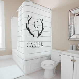 Rustic Faux Shiplap Antler Monogram   Farmhouse Shower Curtain