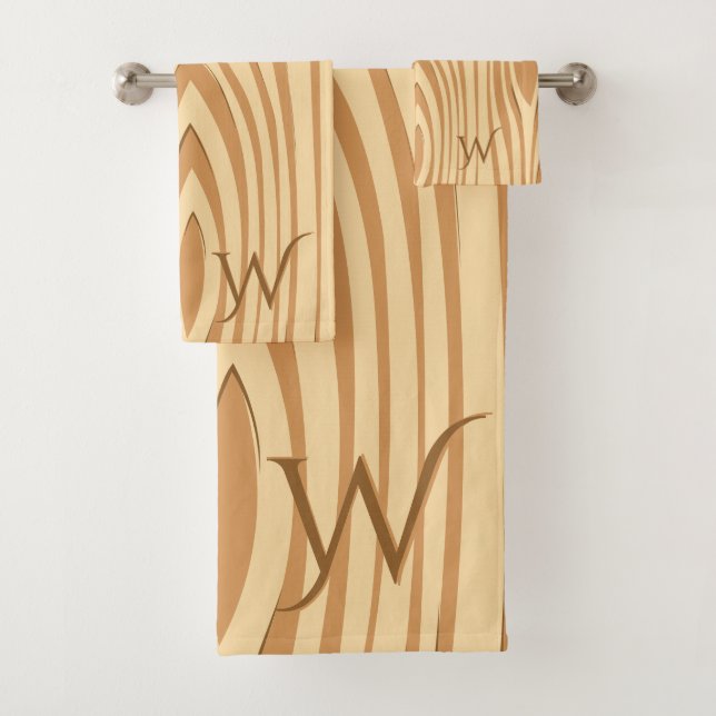 Rustic Faux Stained Brown Wood Monogrammed Custom Bath Towel Set (Insitu)