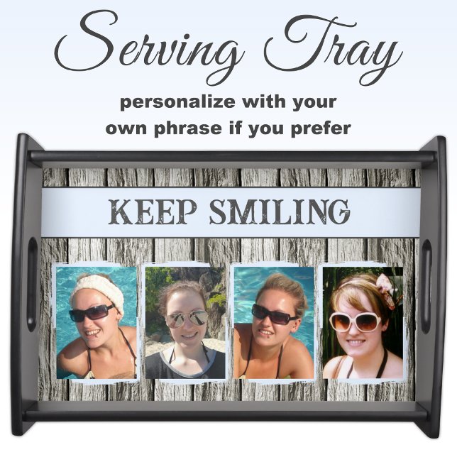 Rustic faux wood 4 photos blue grey serving tray (Creator Uploaded)