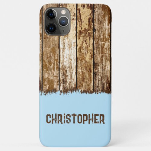 Rustic faux wood add name brown and blue iPhone 11 pro max case