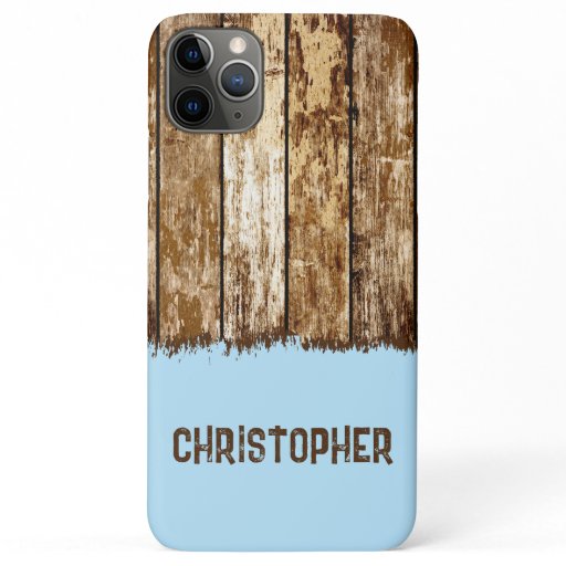 Rustic faux wood add name brown and blue iPhone 11 pro max case
