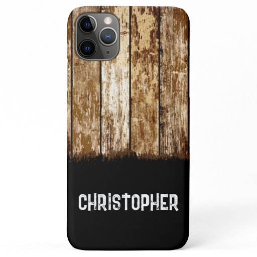 Rustic faux wood add name brown black iPhone 11 pro max case