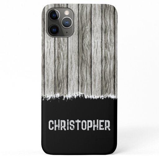 Rustic faux wood add name grey and black iPhone 11 pro max case