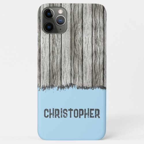 Rustic faux wood add name grey and blue iPhone 11 pro max case