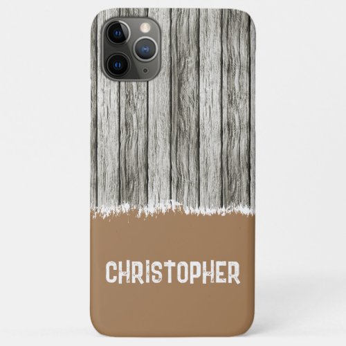 Rustic faux wood add name grey and brown iPhone 11 pro max case