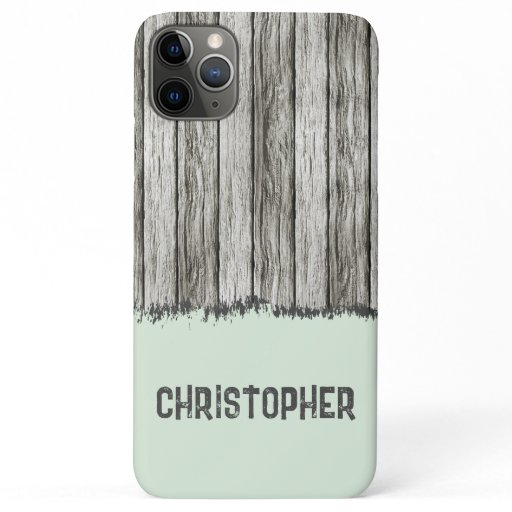Rustic faux wood add name grey and green iPhone 11 pro max case