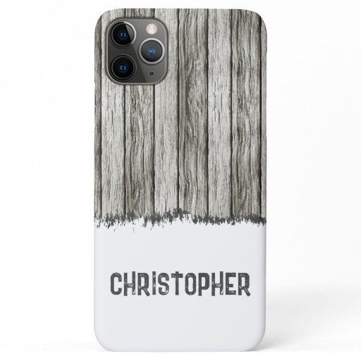 Rustic faux wood add name grey and white iPhone 11 pro max case