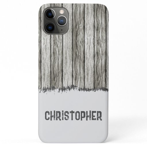 Rustic faux wood add name grey iPhone 11 pro max case