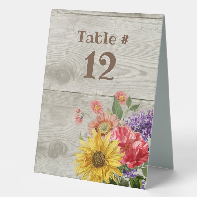 Rustic Faux Wood and Flowers Wedding Table Tent (Front)