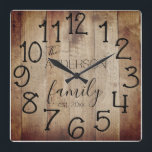 Rustic Faux Wood Barn Farmhouse Custom Family Name Square Wall Clock<br><div class="desc">A rustic, unique, one-of-a-kind personalized design features a faux wood background with and the words, "The ANDERSON family est. 20XX" in black typography. Personalize this clock by adding your own personal information. Makes a great wedding, anniversary, or housewarming gift. Click "personalize this template" to change the names and fonts to...</div>