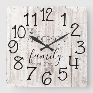 Rustic Faux Wood Barn Farmhouse Custom Family Name Square Wall Clock