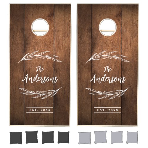 Rustic Faux Wood Botanical Leaves Family Name Cornhole Set