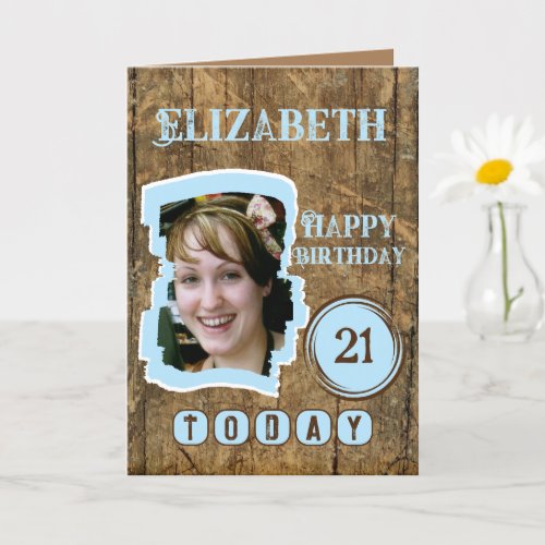 Rustic faux wood brown blue 21st birthday card