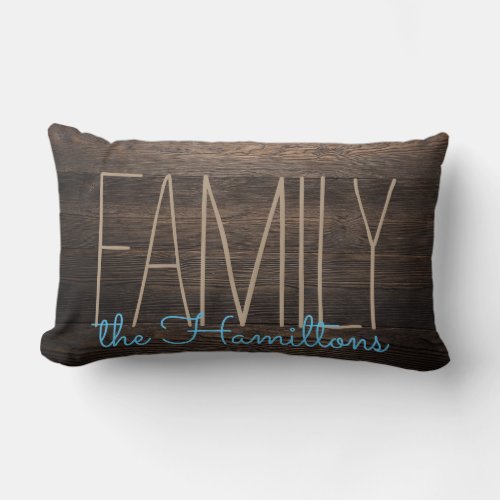 Rustic  FAUX WOOD Chic Family Monogram  BLUE Lumbar Pillow