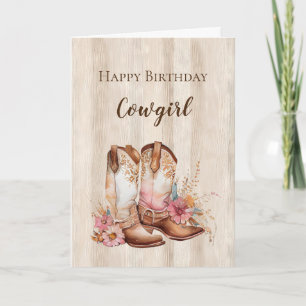 Rustic Faux Wood Cowgirl Floral Boots Birthday Card