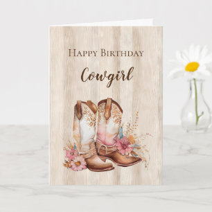 Rustic Faux Wood Cowgirl Floral Boots Birthday Card
