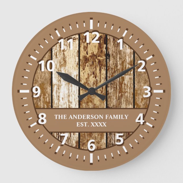 Rustic faux wood family name brown white large clock (Front)