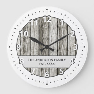 Rustic faux wood family name white grey large clock