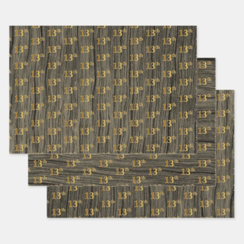 Rustic Faux Wood Grain Elegant Faux Gold 13th Wrapping Paper Sheets