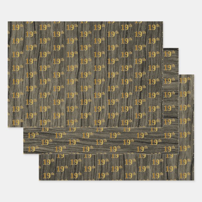 Rustic Faux Wood Grain, Elegant Faux Gold "19th" Wrapping Paper Sheets (Set)