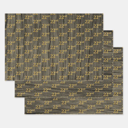 Rustic Faux Wood Grain Elegant Faux Gold 22nd Wrapping Paper Sheets